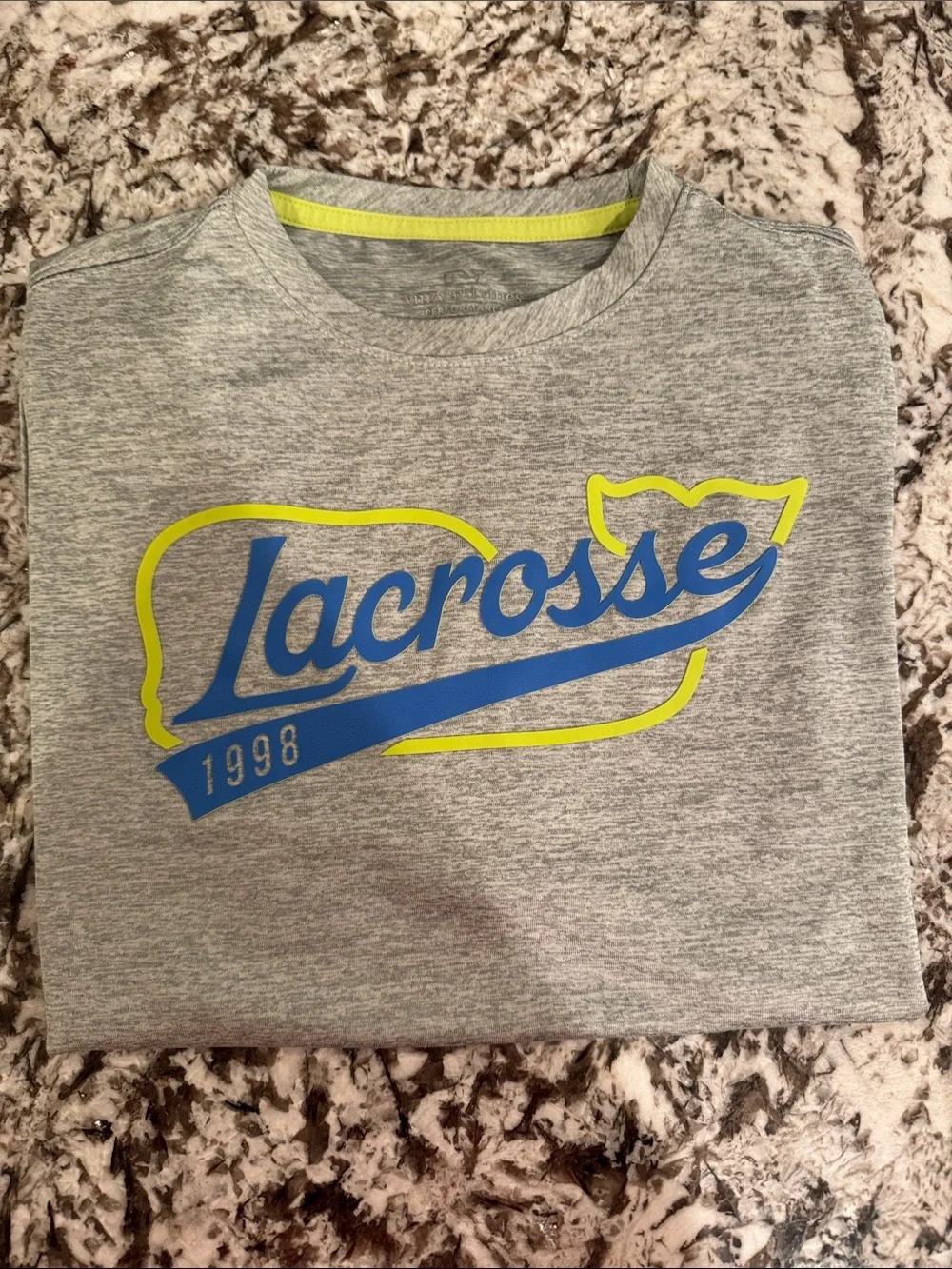 Vineyard Vines Kids Gray Performance Tee with Yellow and Blue Lacrosse Graphic